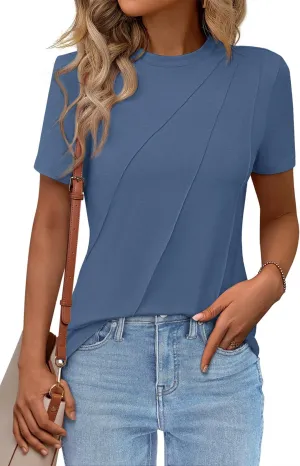 Women's Short Sleeve Tops Pleated Crewneck Loose Fit T Shirt Business Casual Dressy Work Shirts 2025 Summer Blouses