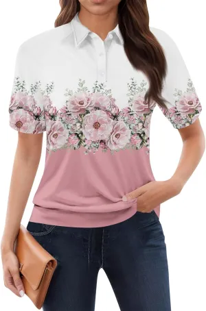 Womens Short Sleeve Tops Spring Button Down Polo Neck Shirts Lightweight Blouses Floral Print Outfits