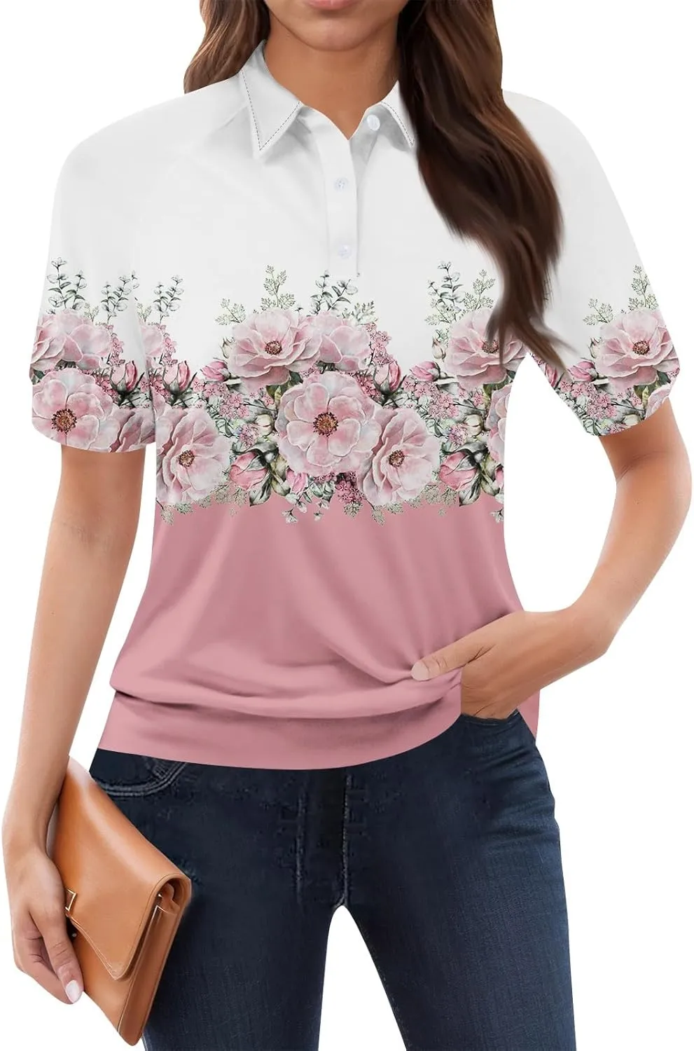 Womens Short Sleeve Tops Spring Button Down Polo Neck Shirts Lightweight Blouses Floral Print Outfits