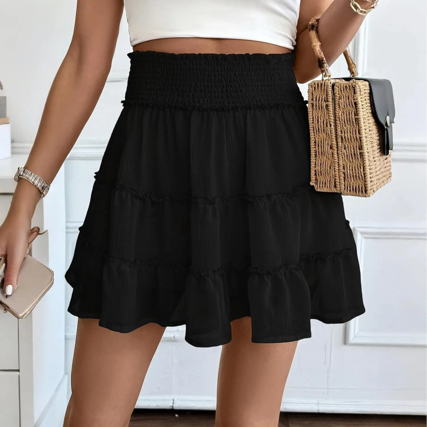 Womens Skorts Tummy Control High Waisted Cute Tiered Ruffle Short Skirt Summer Beach Chiffon Mini Skirt with Shorts