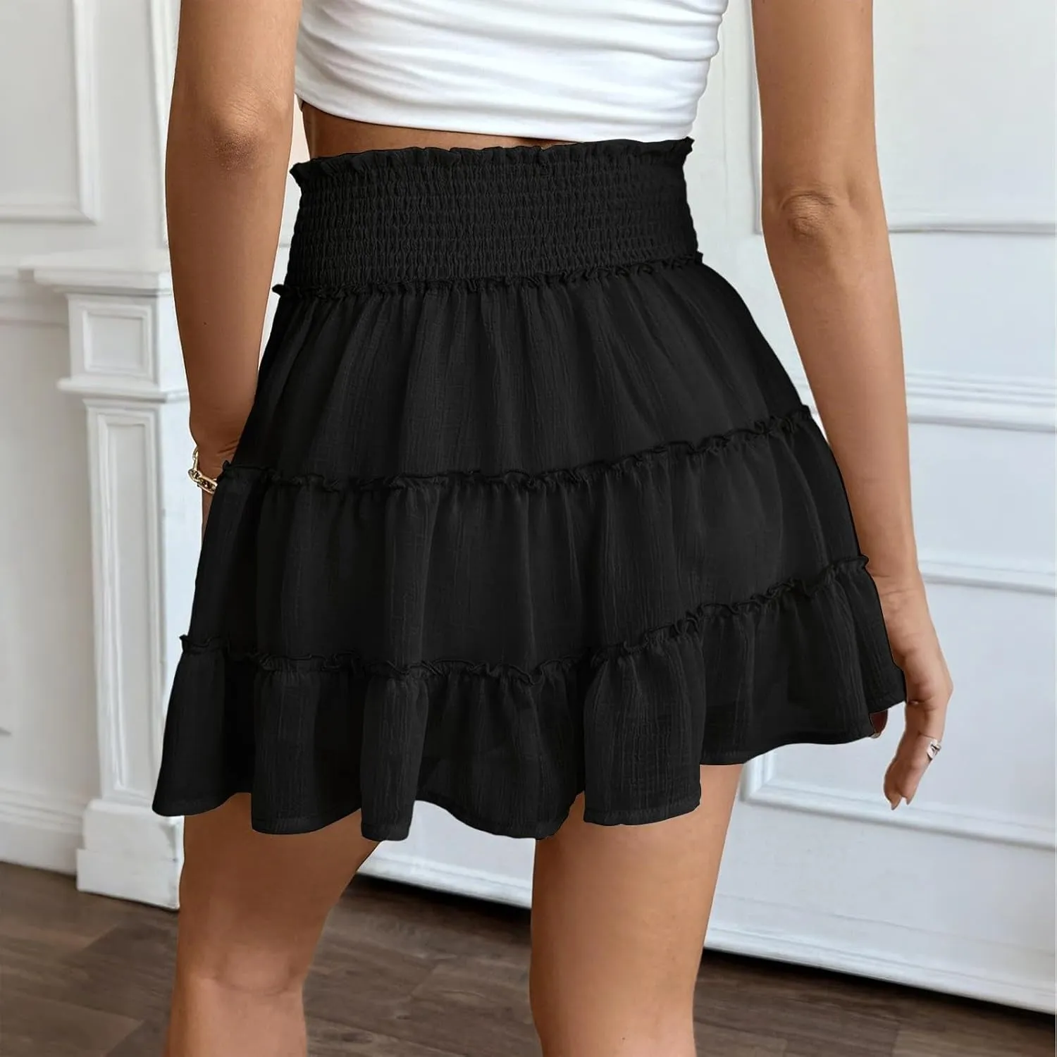 Womens Skorts Tummy Control High Waisted Cute Tiered Ruffle Short Skirt Summer Beach Chiffon Mini Skirt with Shorts