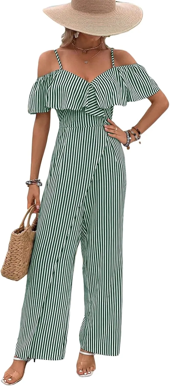 Women's Striped Wide Leg Jumpsuit Off Shoulder High Waist Ruffle Sleeve Romper 2025 Spring Summer Boho Jumpsuits