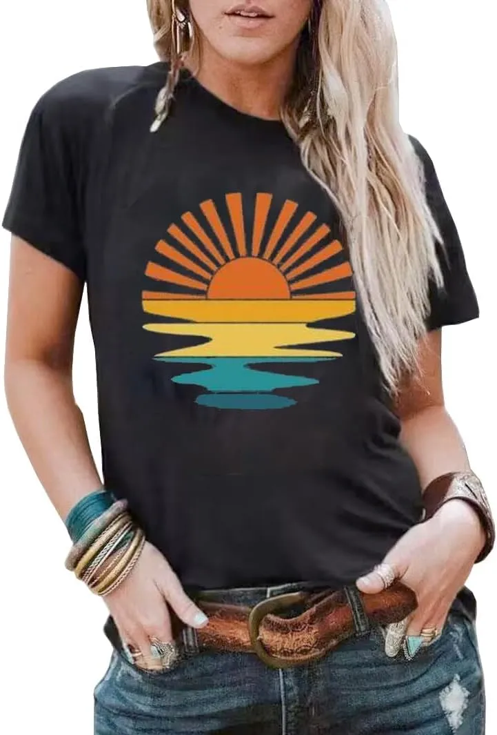 Women's Summer Beach T Shirt Cute Palm Tree Graphic Loose Tees Short Sleeve Casual Tops