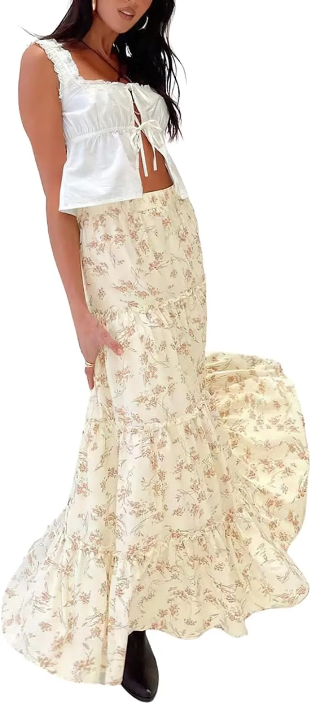 Women's Summer Boho Elastic High Waist A-Line Beach Flowy Swing Ruffle Hem Tiered Maxi Skirt
