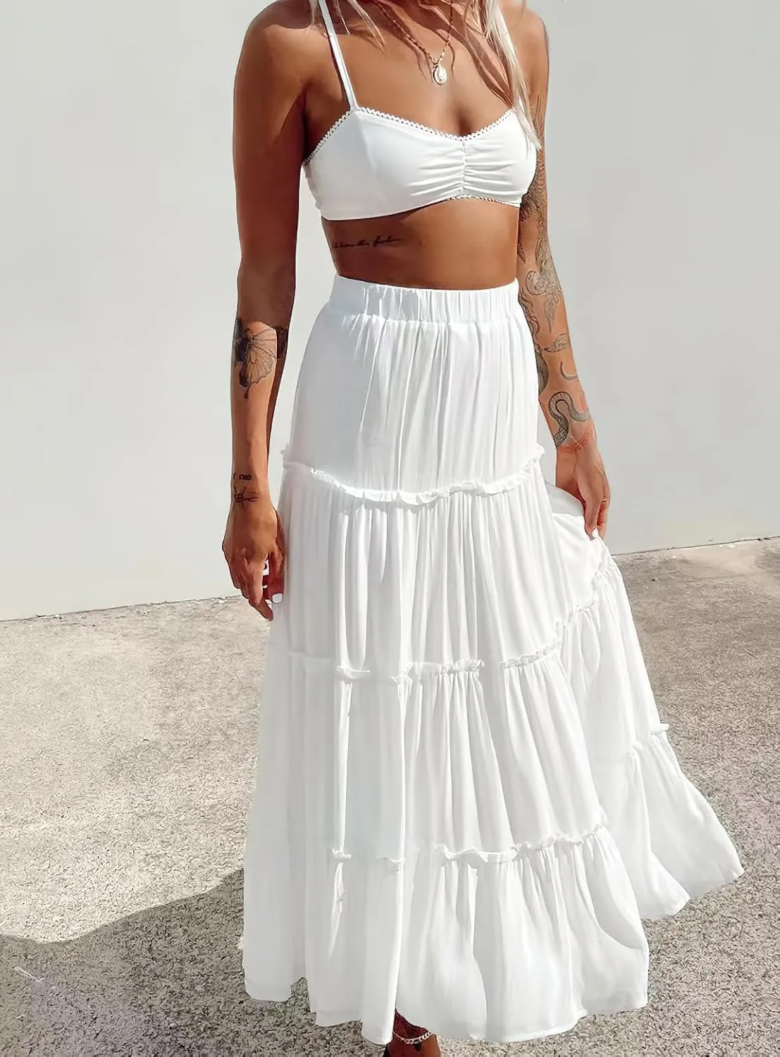 Women's Summer Boho Elastic High Waist A-Line Beach Flowy Swing Ruffle Hem Tiered Maxi Skirt