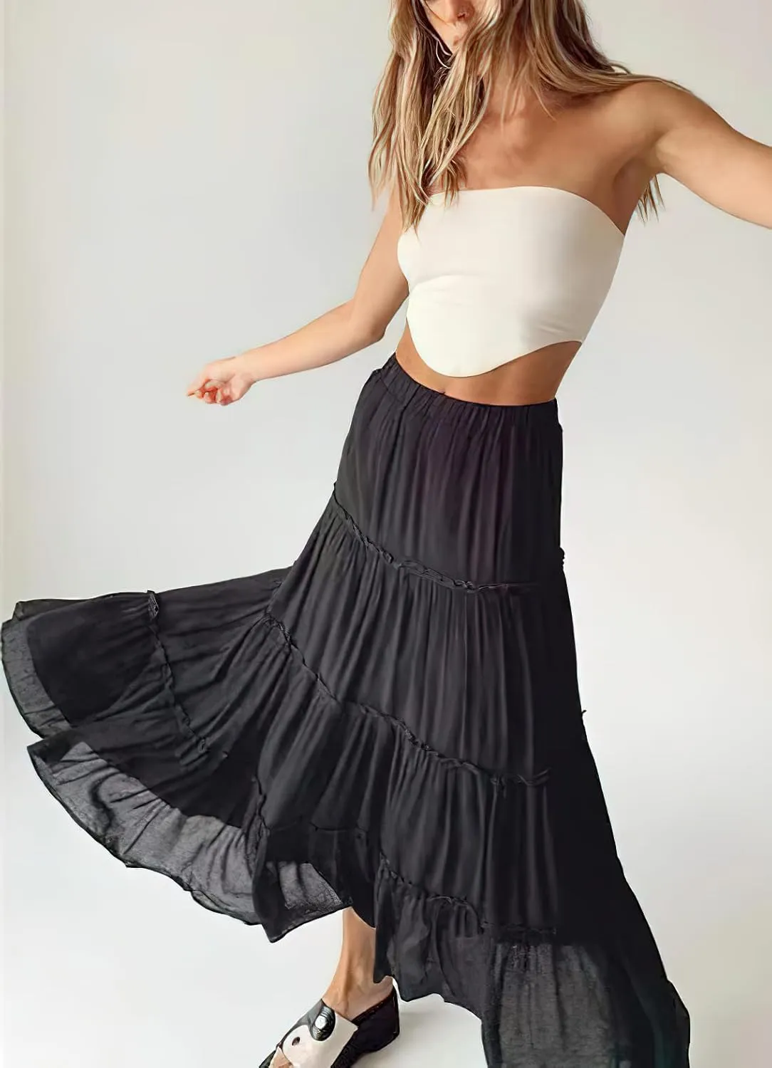 Women's Summer Boho Elastic High Waist A-Line Beach Flowy Swing Ruffle Hem Tiered Maxi Skirt
