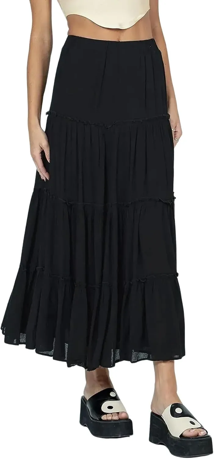 Women's Summer Boho Elastic High Waist A-Line Beach Flowy Swing Ruffle Hem Tiered Maxi Skirt