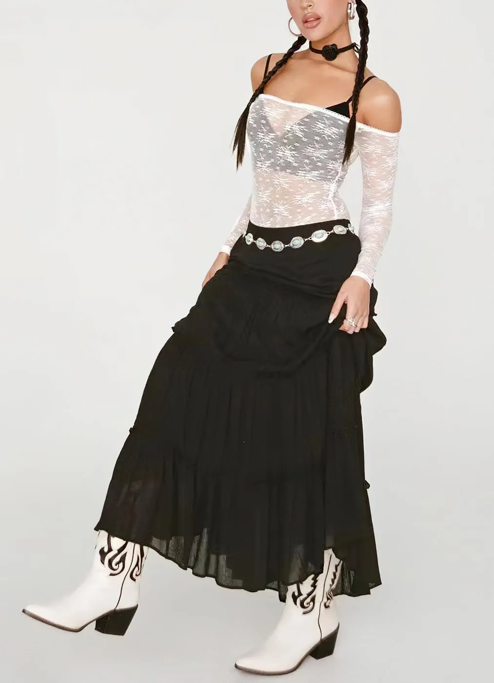 Women's Summer Boho Elastic High Waist A-Line Beach Flowy Swing Ruffle Hem Tiered Maxi Skirt