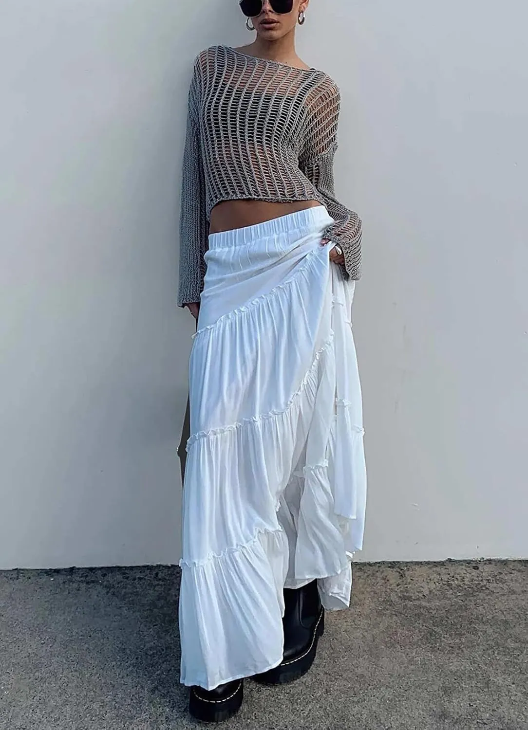 Women's Summer Boho Elastic High Waist A-Line Beach Flowy Swing Ruffle Hem Tiered Maxi Skirt