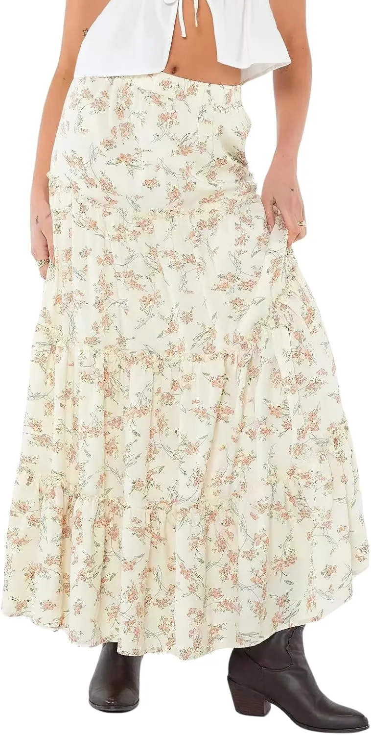 Women's Summer Boho Elastic High Waist A-Line Beach Flowy Swing Ruffle Hem Tiered Maxi Skirt