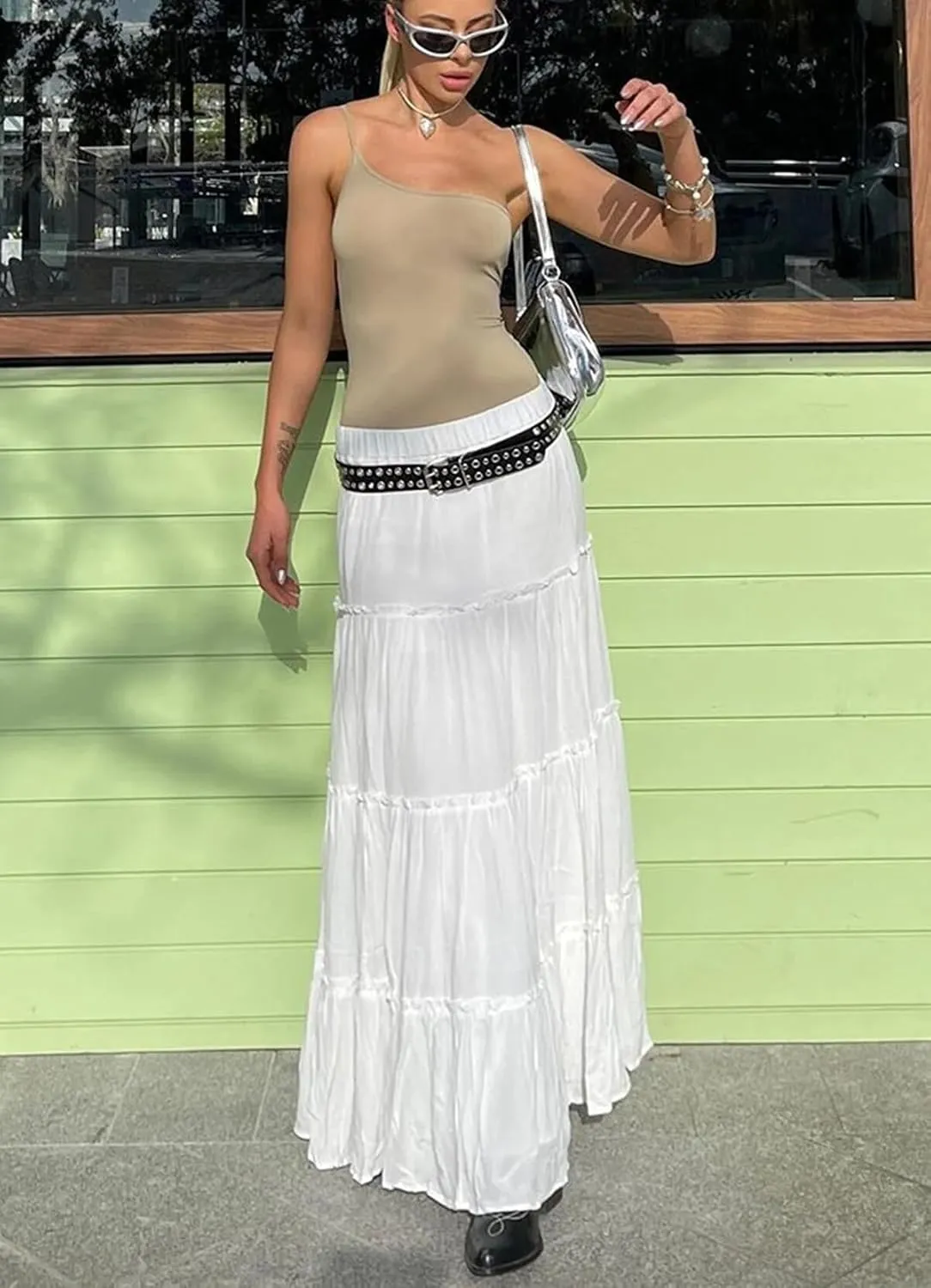 Women's Summer Boho Elastic High Waist A-Line Beach Flowy Swing Ruffle Hem Tiered Maxi Skirt