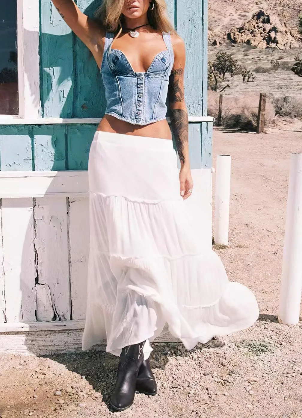 Women's Summer Boho Elastic High Waist A-Line Beach Flowy Swing Ruffle Hem Tiered Maxi Skirt