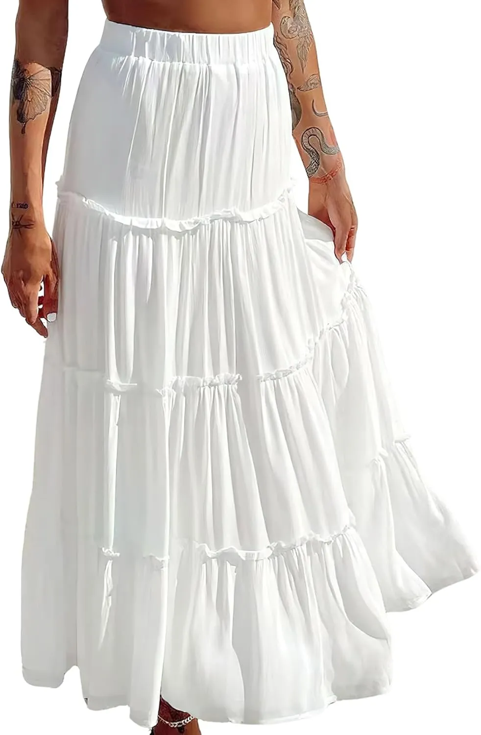 Women's Summer Boho Elastic High Waist A-Line Beach Flowy Swing Ruffle Hem Tiered Maxi Skirt