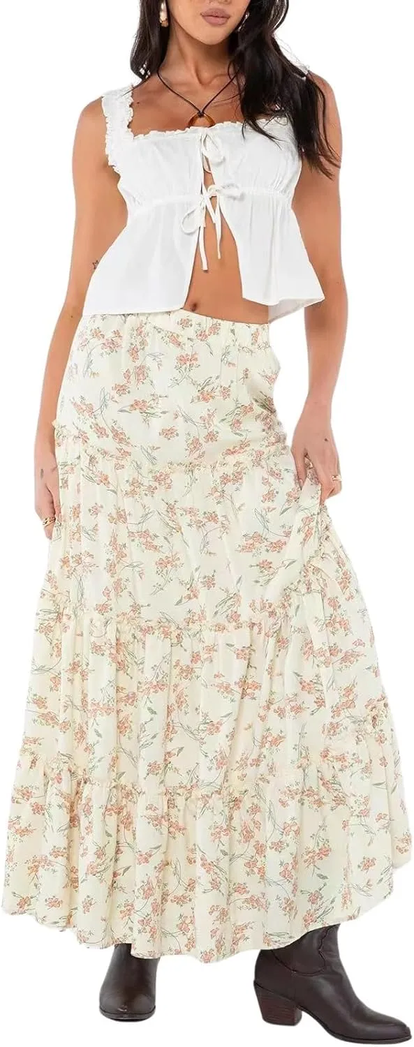 Women's Summer Boho Elastic High Waist A-Line Beach Flowy Swing Ruffle Hem Tiered Maxi Skirt