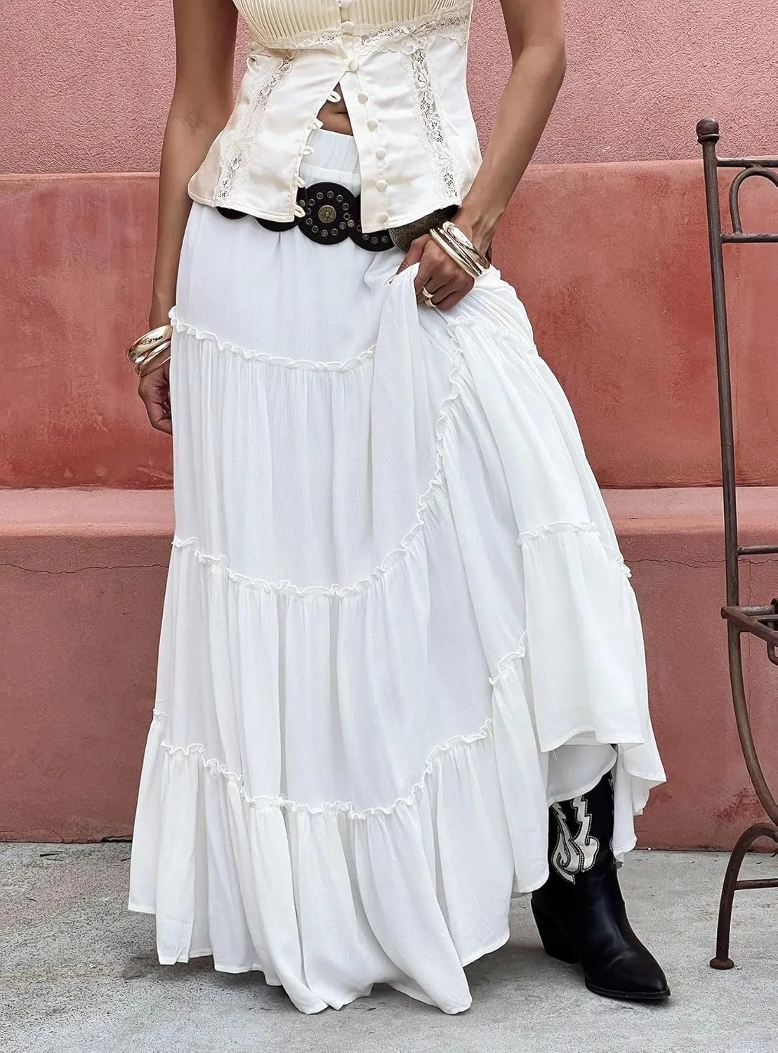 Women's Summer Boho Elastic High Waist A-Line Beach Flowy Swing Ruffle Hem Tiered Maxi Skirt