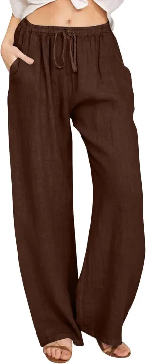 Womens Summer Fashion Linen Pants 2025 Solid Casual High Waist Loose Fit Drawstring Trousers with Pockets
