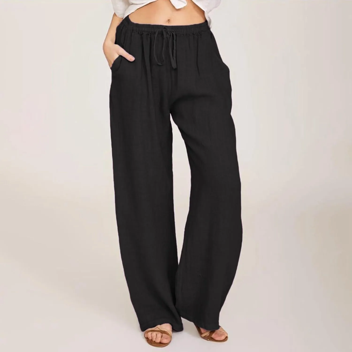 Womens Summer Fashion Linen Pants 2025 Solid Casual High Waist Loose Fit Drawstring Trousers with Pockets