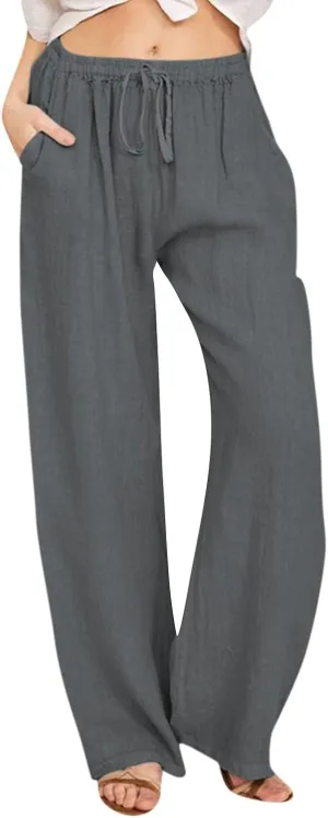 Womens Summer Fashion Linen Pants 2025 Solid Casual High Waist Loose Fit Drawstring Trousers with Pockets