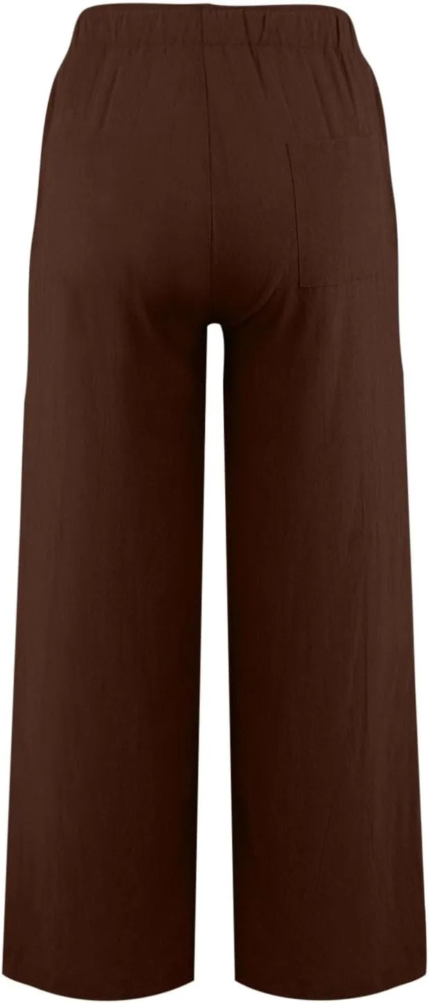 Womens Summer Fashion Linen Pants 2025 Solid Casual High Waist Loose Fit Drawstring Trousers with Pockets