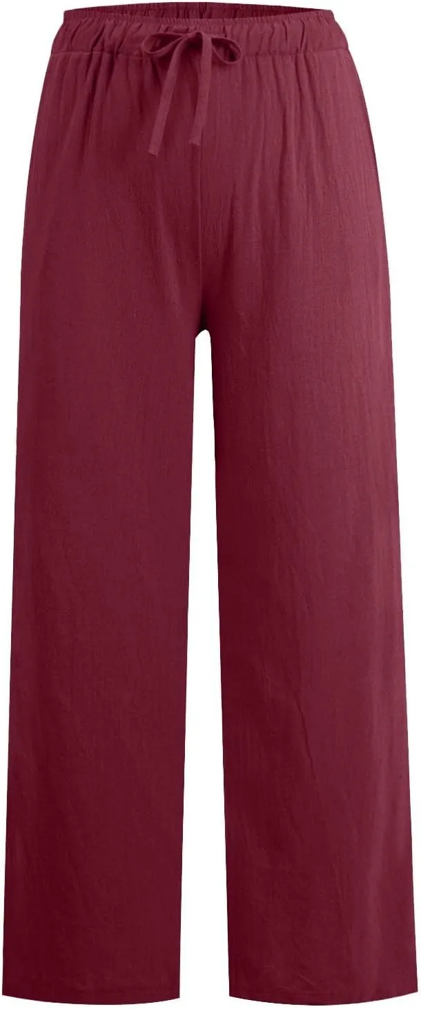 Womens Summer Fashion Linen Pants 2025 Solid Casual High Waist Loose Fit Drawstring Trousers with Pockets
