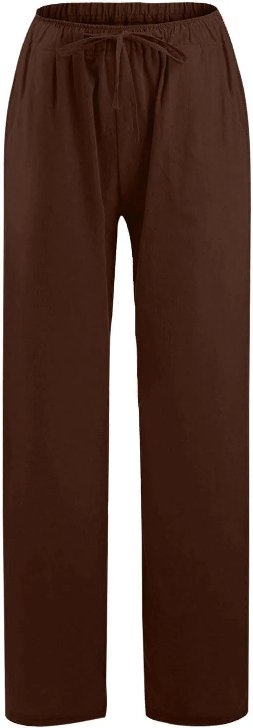 Womens Summer Fashion Linen Pants 2025 Solid Casual High Waist Loose Fit Drawstring Trousers with Pockets