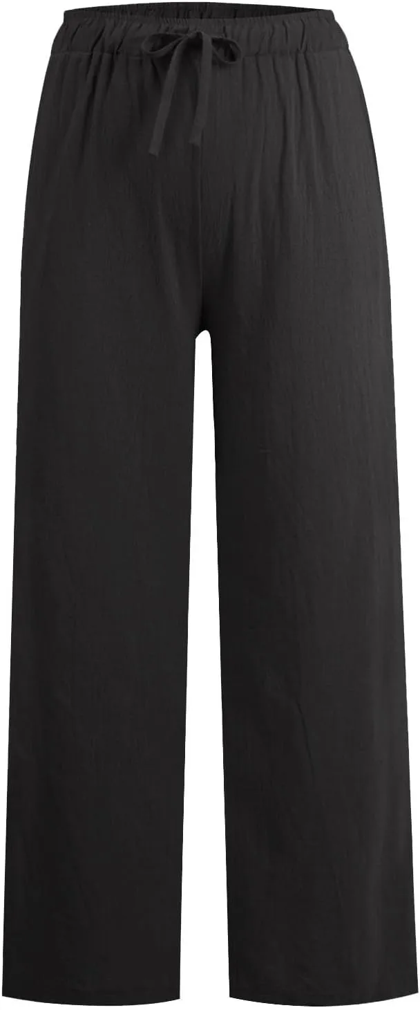 Womens Summer Fashion Linen Pants 2025 Solid Casual High Waist Loose Fit Drawstring Trousers with Pockets