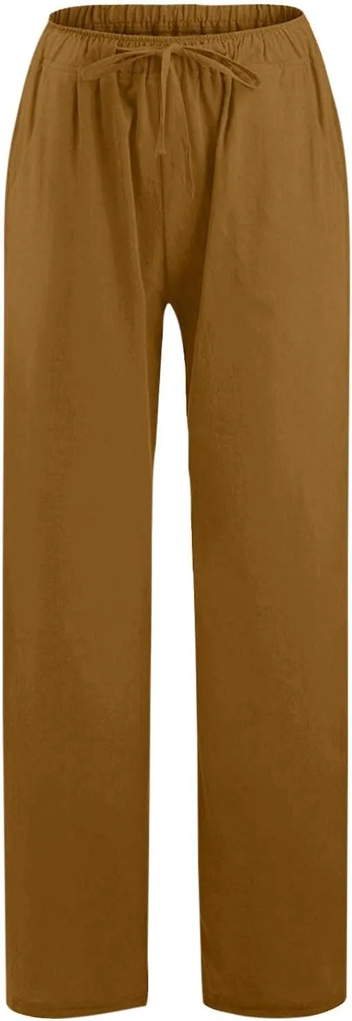 Womens Summer Fashion Linen Pants 2025 Solid Casual High Waist Loose Fit Drawstring Trousers with Pockets