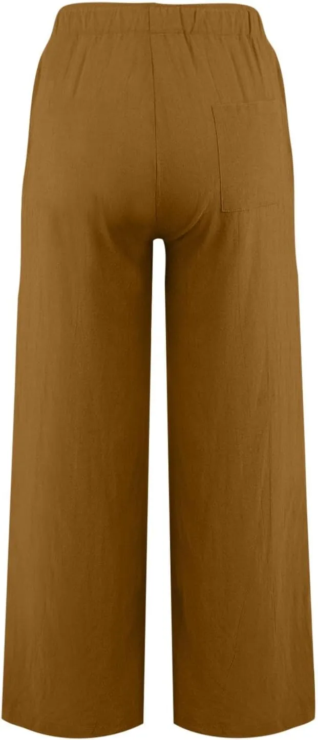 Womens Summer Fashion Linen Pants 2025 Solid Casual High Waist Loose Fit Drawstring Trousers with Pockets