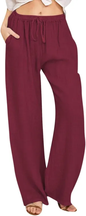 Womens Summer Fashion Linen Pants 2025 Solid Casual High Waist Loose Fit Drawstring Trousers with Pockets