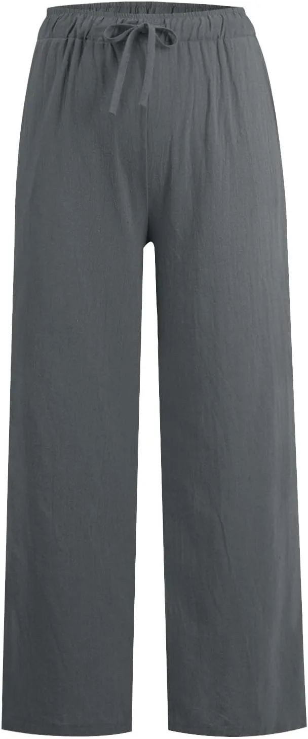 Womens Summer Fashion Linen Pants 2025 Solid Casual High Waist Loose Fit Drawstring Trousers with Pockets