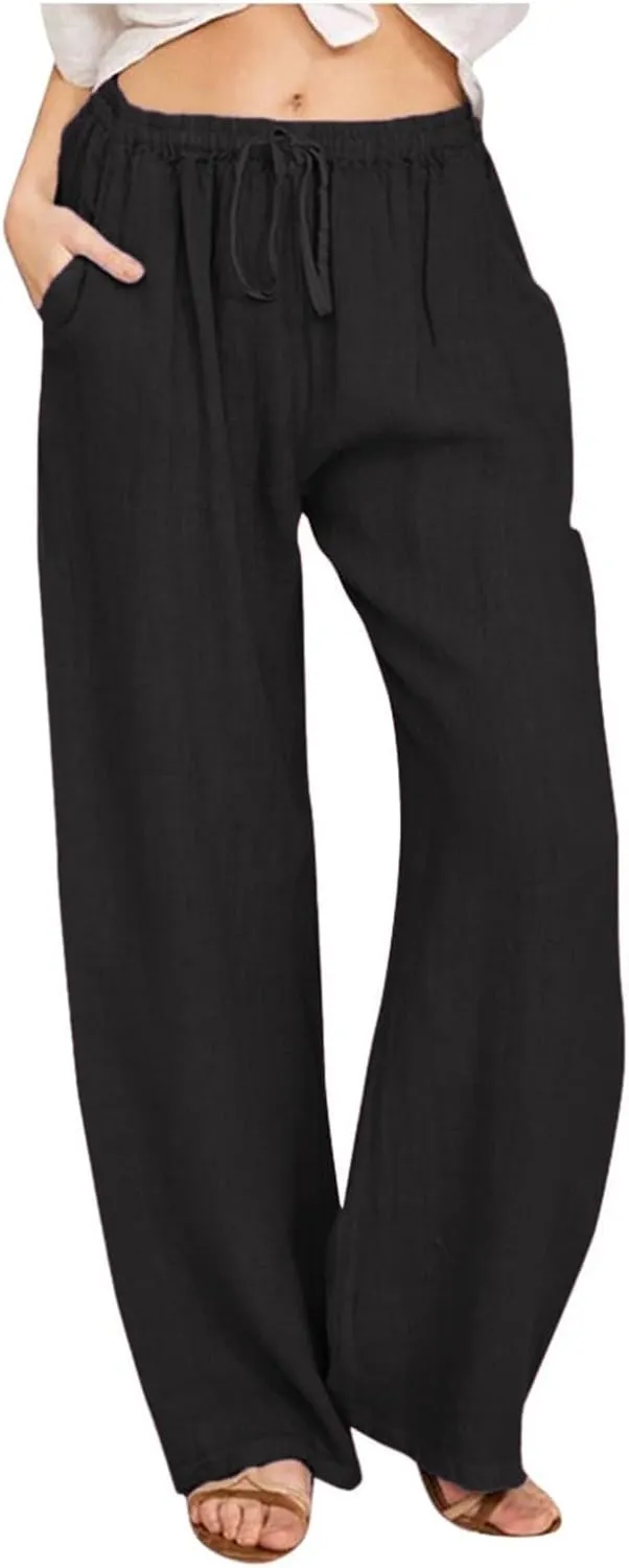 Womens Summer Fashion Linen Pants 2025 Solid Casual High Waist Loose Fit Drawstring Trousers with Pockets