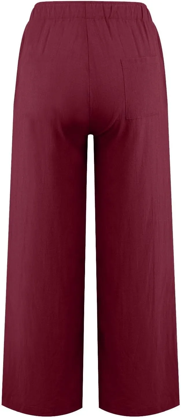 Womens Summer Fashion Linen Pants 2025 Solid Casual High Waist Loose Fit Drawstring Trousers with Pockets