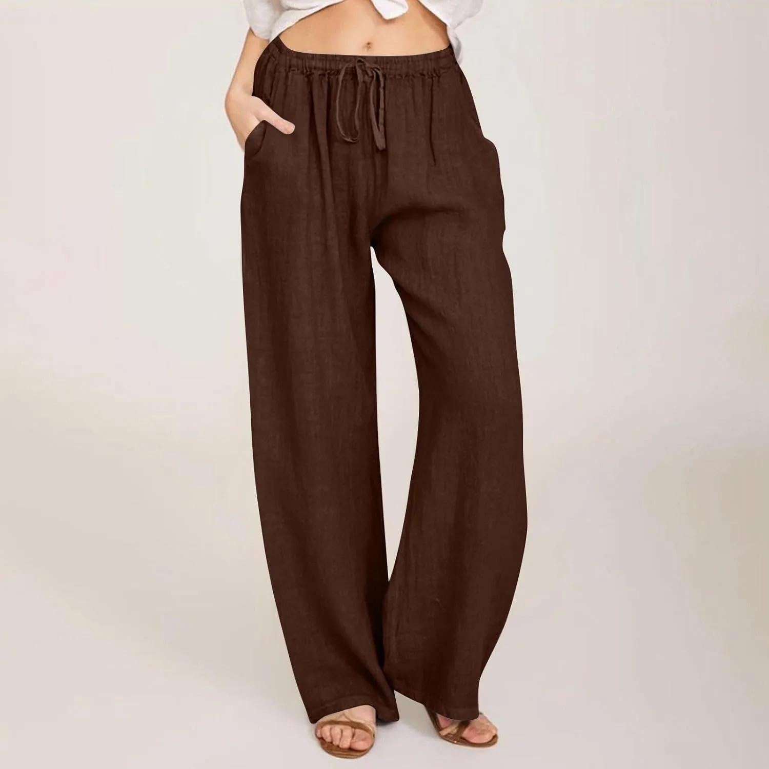 Womens Summer Fashion Linen Pants 2025 Solid Casual High Waist Loose Fit Drawstring Trousers with Pockets