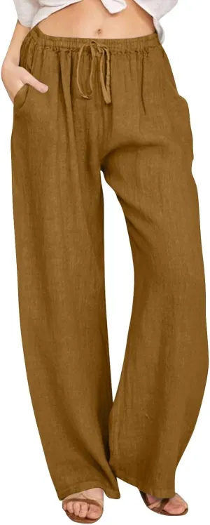 Womens Summer Fashion Linen Pants 2025 Solid Casual High Waist Loose Fit Drawstring Trousers with Pockets