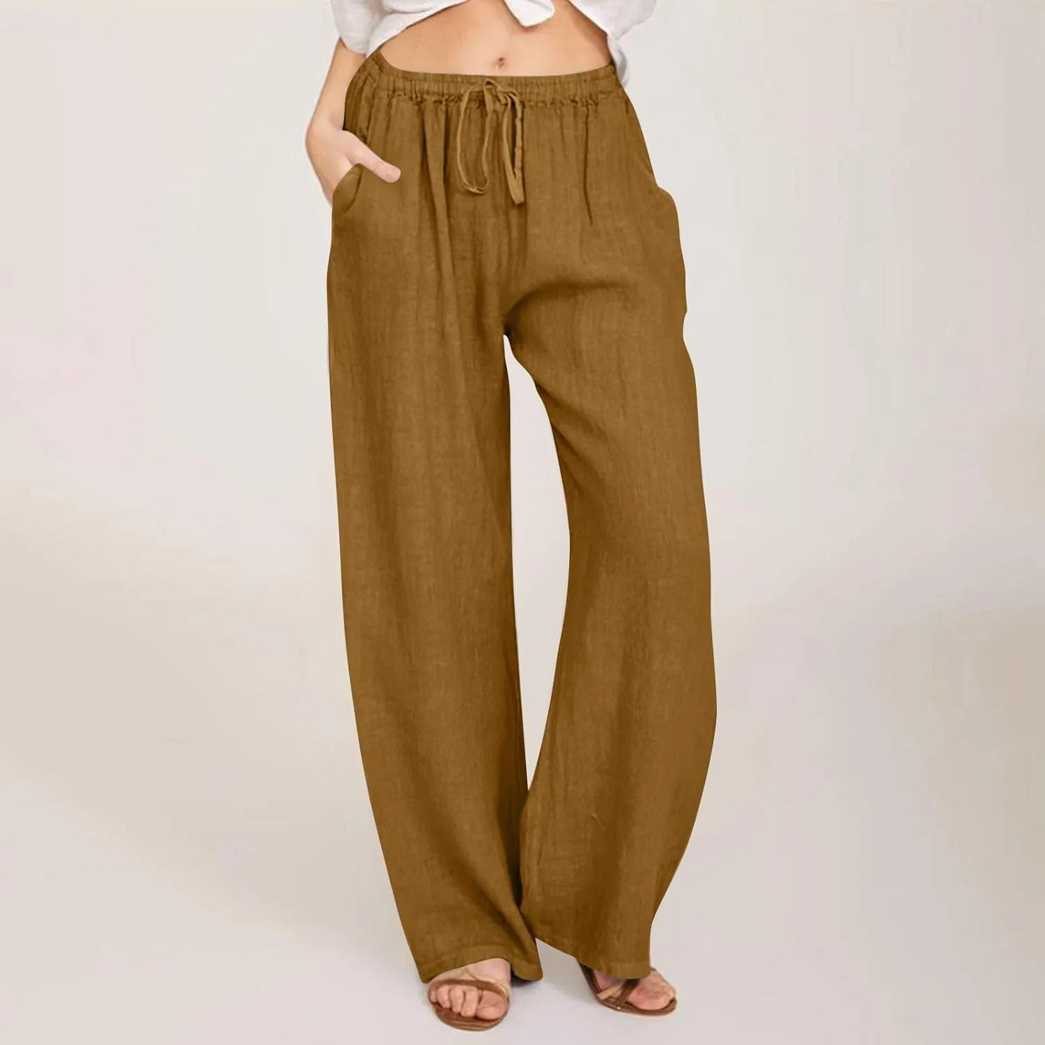 Womens Summer Fashion Linen Pants 2025 Solid Casual High Waist Loose Fit Drawstring Trousers with Pockets
