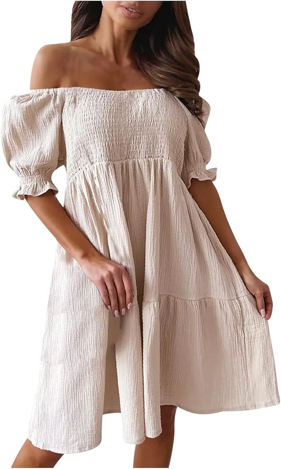 Womens Summer Mini Dress Smocked Off Shoulder Short Sleeve Tiered Ruffle Hem Flowy Swing Sundress Beach Party Dresses