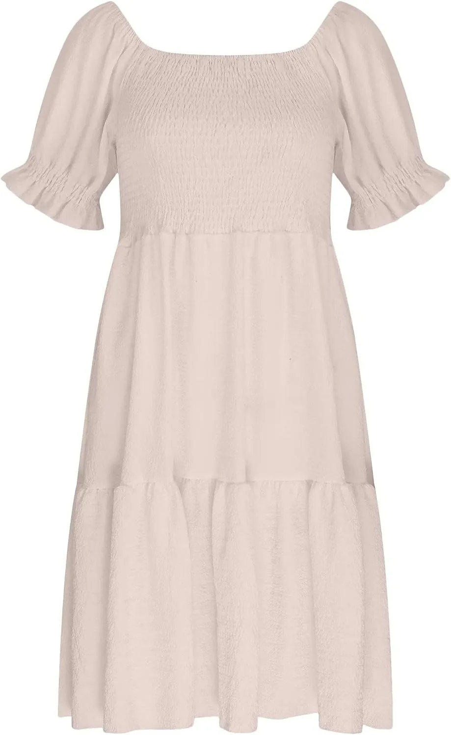 Womens Summer Mini Dress Smocked Off Shoulder Short Sleeve Tiered Ruffle Hem Flowy Swing Sundress Beach Party Dresses
