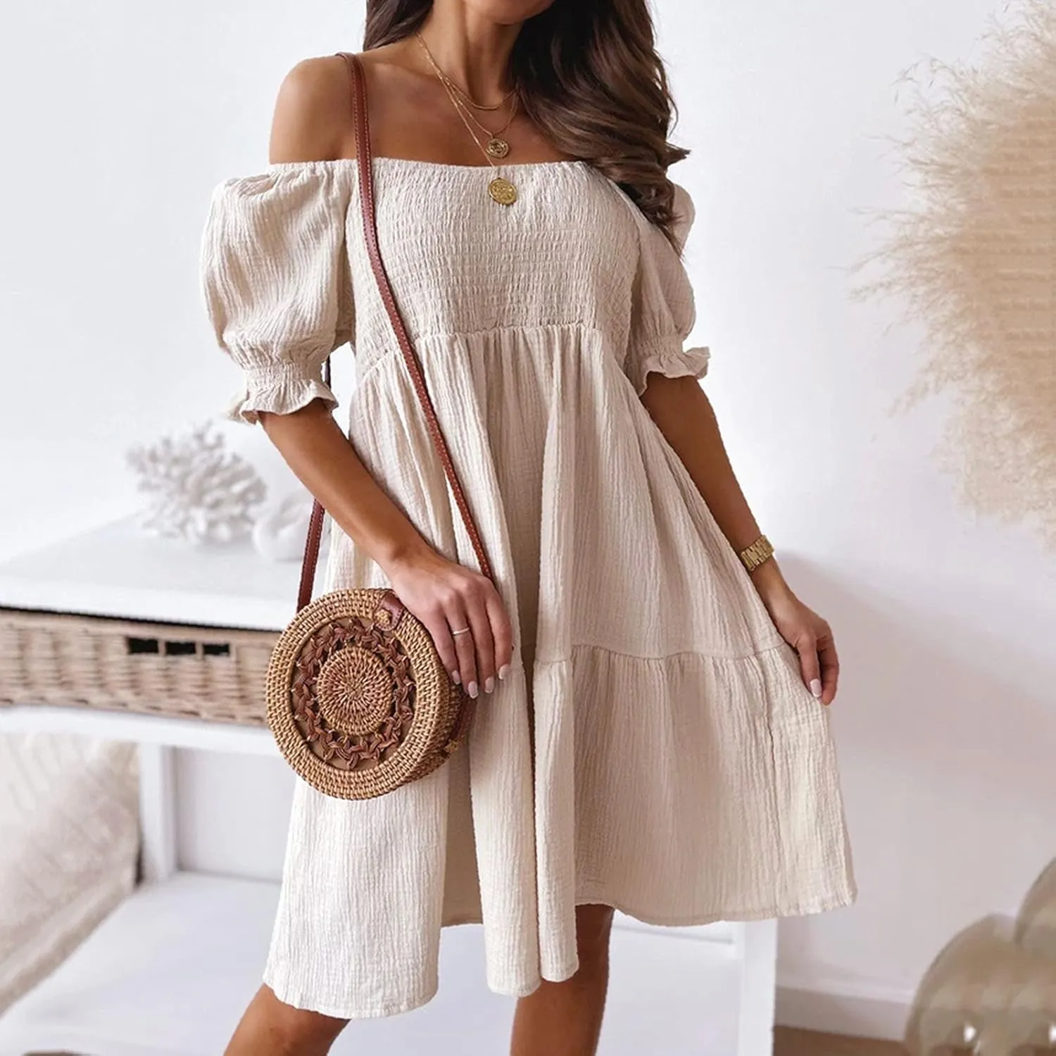 Womens Summer Mini Dress Smocked Off Shoulder Short Sleeve Tiered Ruffle Hem Flowy Swing Sundress Beach Party Dresses