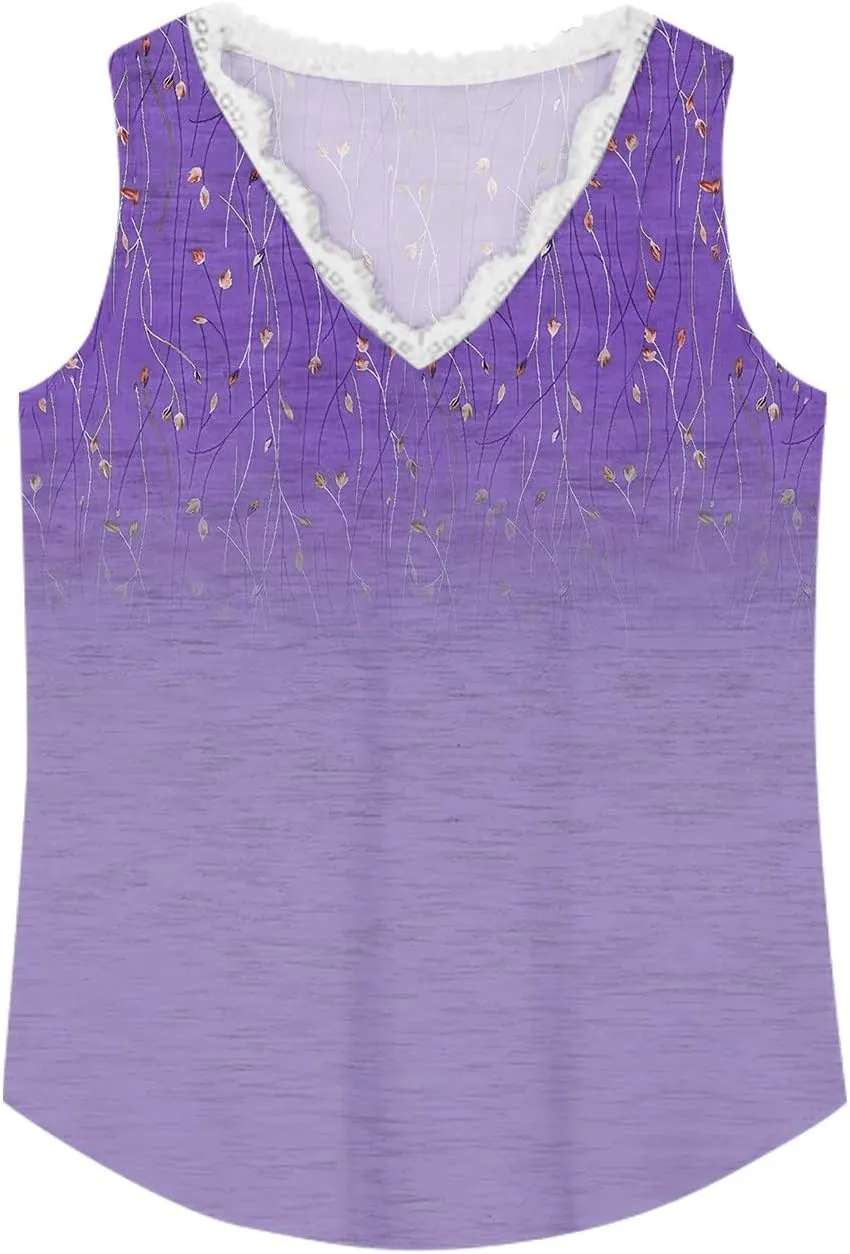 Womens Summer Tank Tops Loose Fit Lace V Neck Sleeveless Shirts Dressy Basic Trendy Flowy Going Out Tank Tops
