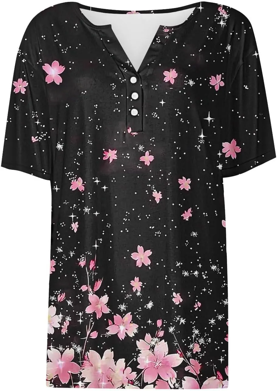 Womens Summer Tops 2025 Dressy Casual Short Sleeve Button V Neck T Shirts Trendy Cute Printed Tees Tunic Blouses