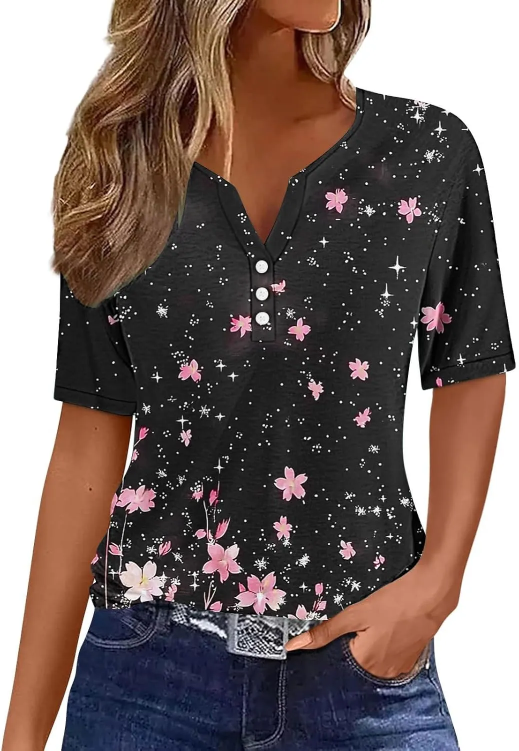 Womens Summer Tops 2025 Dressy Casual Short Sleeve Button V Neck T Shirts Trendy Cute Printed Tees Tunic Blouses