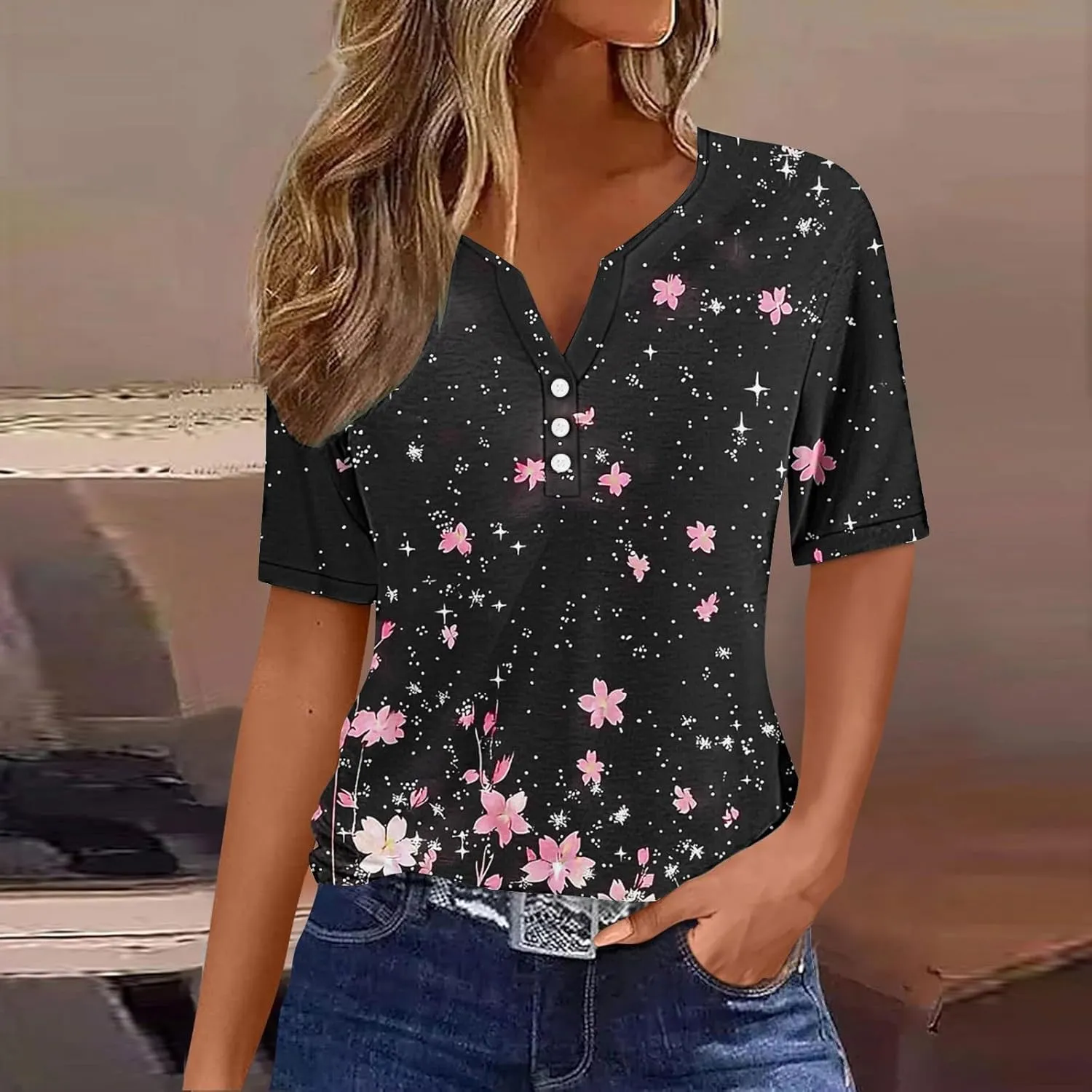 Womens Summer Tops 2025 Dressy Casual Short Sleeve Button V Neck T Shirts Trendy Cute Printed Tees Tunic Blouses