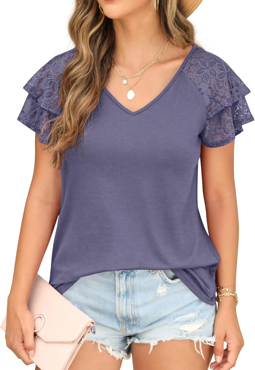 Womens Summer Tops Ruffle Sleeve with Lace Short Sleeve V Neck Shirts Casual Loose Fit T-shirts