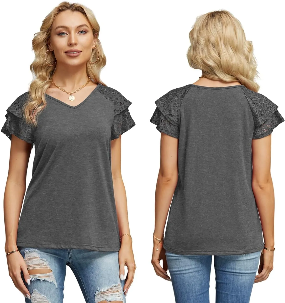 Womens Summer Tops Ruffle Sleeve with Lace Short Sleeve V Neck Shirts Casual Loose Fit T-shirts