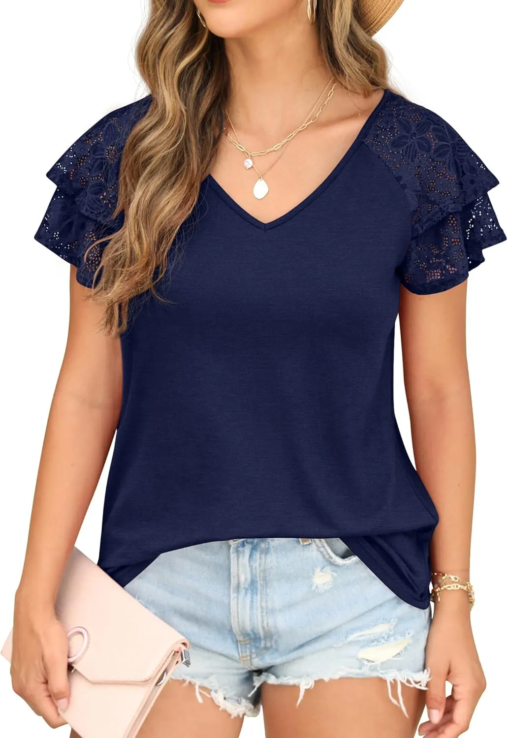 Womens Summer Tops Ruffle Sleeve with Lace Short Sleeve V Neck Shirts Casual Loose Fit T-shirts