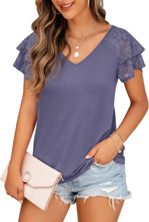 Womens Summer Tops Ruffle Sleeve with Lace Short Sleeve V Neck Shirts Casual Loose Fit T-shirts