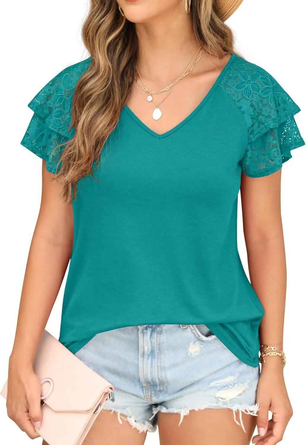 Womens Summer Tops Ruffle Sleeve with Lace Short Sleeve V Neck Shirts Casual Loose Fit T-shirts