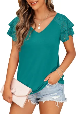 Womens Summer Tops Ruffle Sleeve with Lace Short Sleeve V Neck Shirts Casual Loose Fit T-shirts