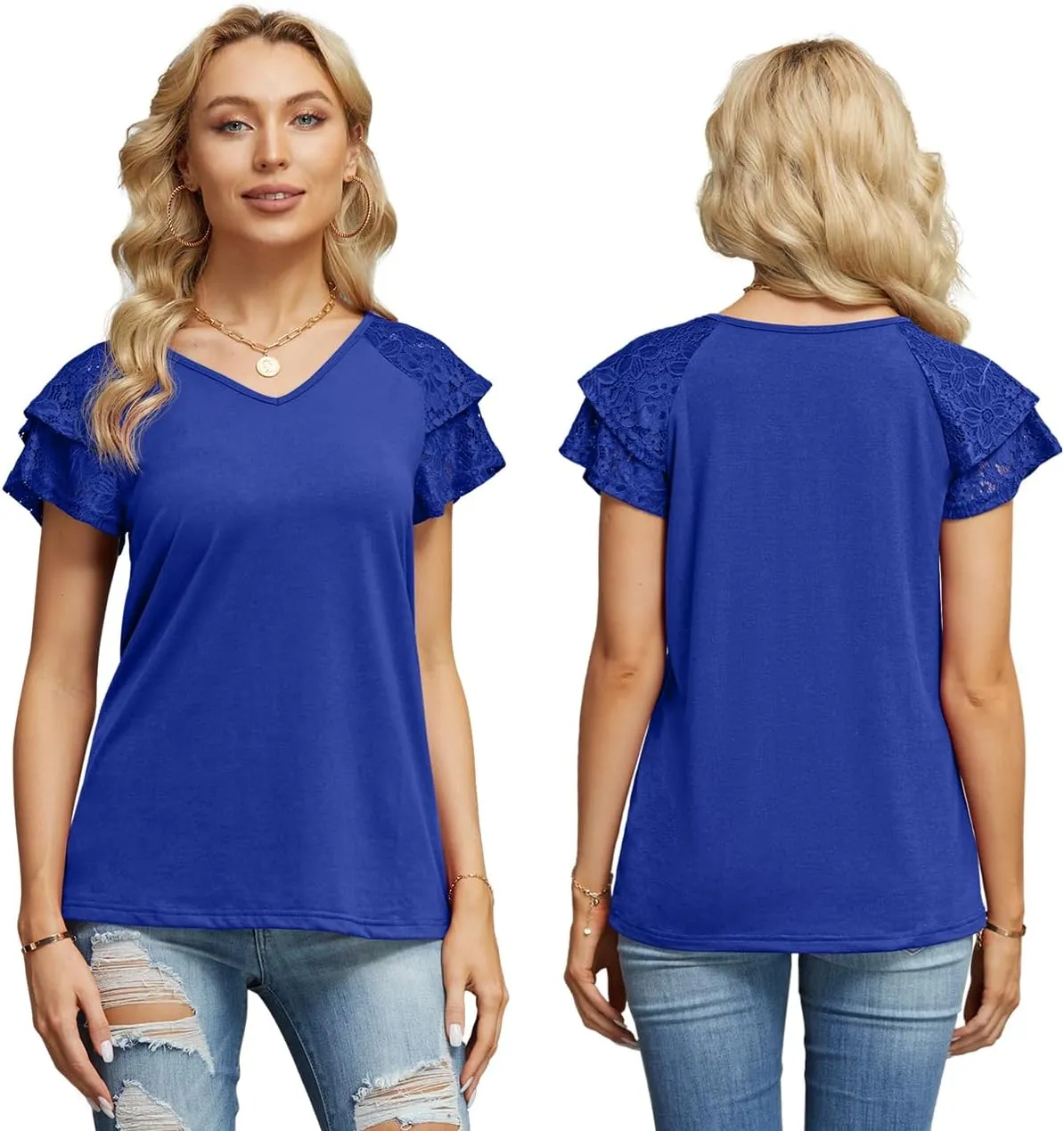 Womens Summer Tops Ruffle Sleeve with Lace Short Sleeve V Neck Shirts Casual Loose Fit T-shirts