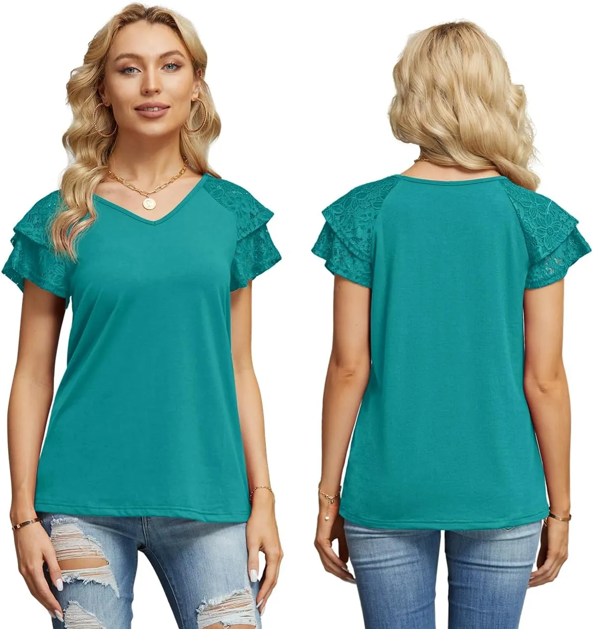 Womens Summer Tops Ruffle Sleeve with Lace Short Sleeve V Neck Shirts Casual Loose Fit T-shirts